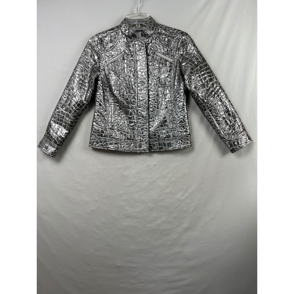 Chico's Metallic Crocodile Embossed Jacket Womens Size 0 Silver Mock Neck Moto